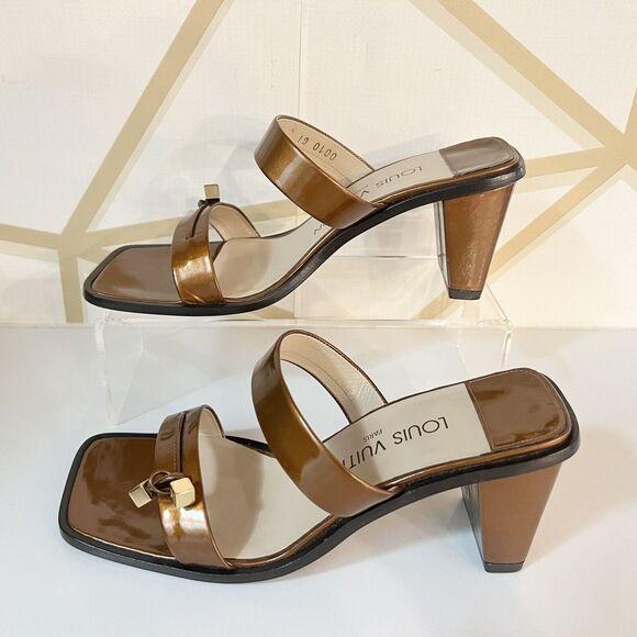 Louis Vuitton Patent Leather Brown Slip On Tassels Sandals Block Heels SZ 36.5 - Picture 4 of 15